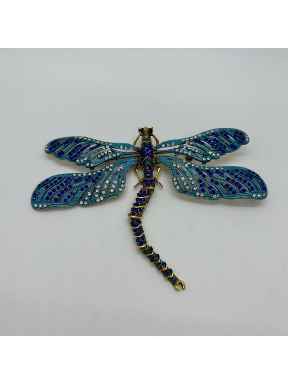 Dragonfly Brooch Articulated Tail Blue Teal Rhinestones Statement 5 inch Insect - Picture 2 of 16